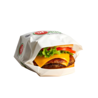 A hamburger is wrapped in a paper bag png