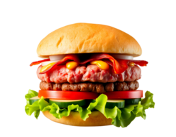 A hamburger with lettuce, tomatoes and meat on a black background png