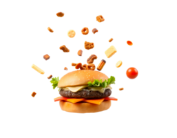 A hamburger with toppings flying out of it png