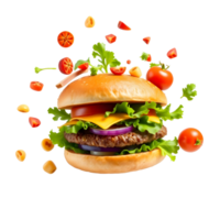 Hamburger with toppings and vegetables on black background png
