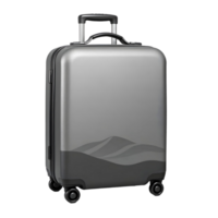 A suitcase with wheels and a mountain design png