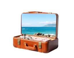 An open suitcase with a beach and ocean in the background png