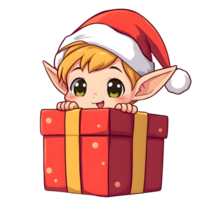 Cartoon Christmas Elf In Red Hat Peeking From Behind A Red Box png