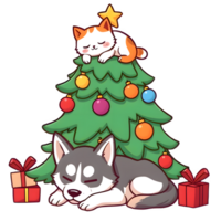 Cartoon Cat Sleeping On A Christmas Tree With A Dog Underneath png