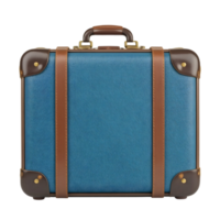 A blue suitcase with brown handles and a leather strap png