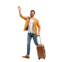 Man with suitcase waving and smiling png