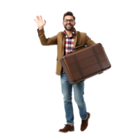 Man with suitcase waving and smiling png