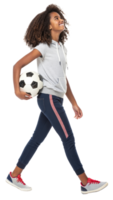 Girl walks confidently while holding a soccer ball on transparent background png