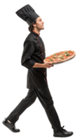 Chef walks with fresh pizza in kitchen on transparent background png