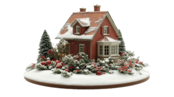charming red house surrounded by snow covered trees and festive decorations, creating cozy winter scene. vibrant colors and details evoke warm holiday spirit png