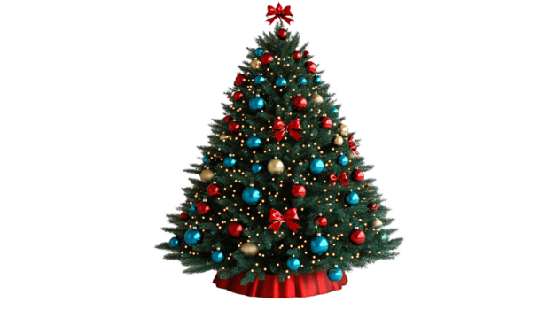 vibrerande och nyckfull jul träd Utsmyckad med blå och röd ornament, gnistrande lampor, och festlig pilbågar, skapande glad Semester atmosfär png