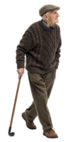 Elderly man walking with cane in a cozy sweater on transparent background png