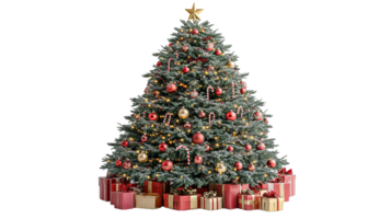 vibrant Christmas tree adorned with red and gold ornaments, surrounded by beautifully wrapped gifts, creating festive and joyful atmosphere png