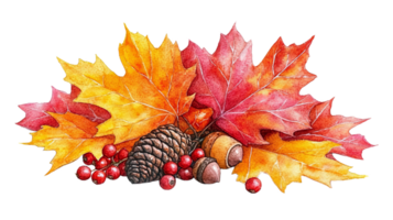 vibrant watercolor illustration featuring colorful autumn leaves, pine cones, and acorns, capturing essence of fall with warm hues and natural elements png