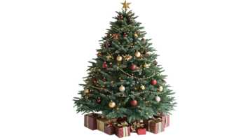 beautifully decorated Christmas tree with lush green branches, adorned with golden and red ornaments, twinkling lights, and surrounded by colorful wrapped gifts, creating festive atmosphere png