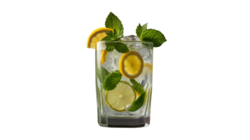 A refreshing glass of lemonade garnished with lemon slices and fresh mint, sitting on ice, perfect for a hot day or a summer gathering png