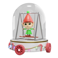 3d Elf sitting swing in snow globe with decorated podium on wheels isolated. merry christmas, festive new year concept, 3d render illustration png
