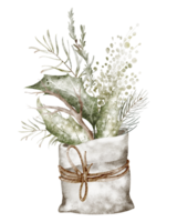 Watercolor illustration Christmas bag with fir and holly sprigs. Hand-drawn festive design with greenery for greeting cards or holiday templates. Classic vintage style for celebrations. png