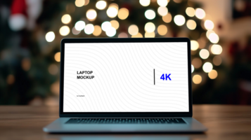 Mockup of laptop on the table. Front screen view. Christmas tree on background psd