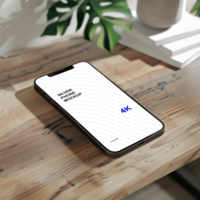 Silver smartphone mockup on wooden surface psd