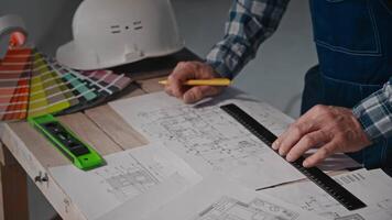 A man uses a ruler to measure the drawing on the table video