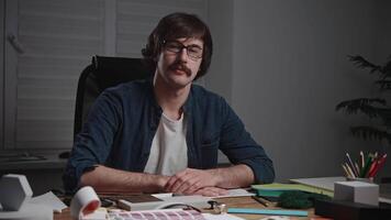 Portrait of a stylish man in glasses and with a mustache. The architect designer is at his workspace. On the wooden table lie palettes, textures, material samples, and blueprints. A positive hipster video