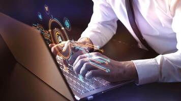 A programmer works with artificial intelligence on a laptop. video
