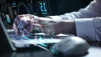 Satellite communication and data exchange system and laptop typing. video