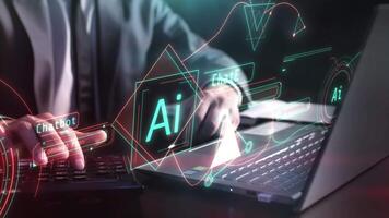 Infographics about AI on the background of a man with a laptop. video