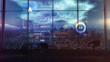 Infographics about blockchain and crypto assets. 3D render video