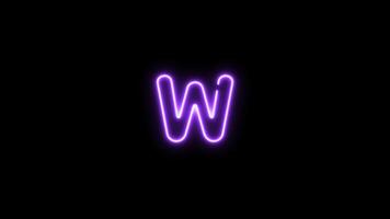 Alphabet W letter neon motion graphic with alpha channel. Purple neon light letters turn on and turn off isolated character animated on transparent background. video
