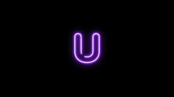 Alphabet U letter neon motion graphic with alpha channel. Purple neon light letters turn on and turn off isolated character animated on transparent background. video