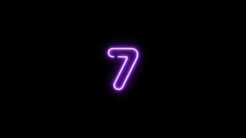 Number seven, 7 letter neon motion graphic with alpha channel. Purple neon light letters turn on and turn off isolated character animated on transparent background. video