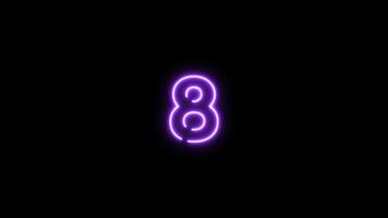 Number eight, 8 letter neon motion graphic with alpha channel. Purple neon light letters turn on and turn off isolated character animated on transparent background. video