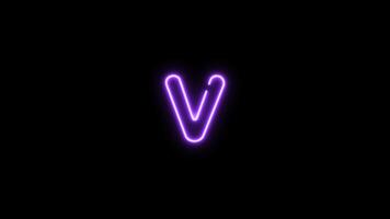 Alphabet V letter neon motion graphic with alpha channel. Purple neon light letters turn on and turn off isolated character animated on transparent background. video