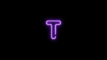 Alphabet T letter neon motion graphic with alpha channel. Purple neon light letters turn on and turn off isolated character animated on transparent background. video