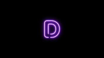 Alphabet D letter neon motion graphic with alpha channel. Purple neon light letters turn on and turn off isolated character animated on transparent background. video