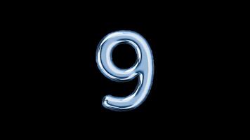 Number nine balloon letter floating motion graphic with alpha channel. Light blue grey balloon foil in character shape animated on transparent background. Party, celebrate, isolated alphabet, 9. video