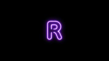 Alphabet R letter neon motion graphic with alpha channel. Purple neon light letters turn on and turn off isolated character animated on transparent background. video