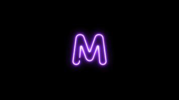 Alphabet M letter neon motion graphic with alpha channel. Purple neon light letters turn on and turn off isolated character animated on transparent background. video