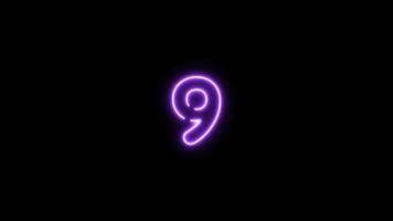 Number nine, 9 letter neon motion graphic with alpha channel. Purple neon light letters turn on and turn off isolated character animated on transparent background. video