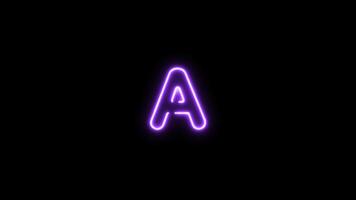 Alphabet A letter neon motion graphic with alpha channel. Purple neon light letters turn on and turn off isolated character animated on transparent background. video