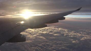 The plane is flying under the glow of the setting sun video