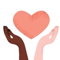 illustration of hands of different skin tones holding a heart. A concept of love, unity, and support. Ideal for diversity, inclusion, and kindness projects vector