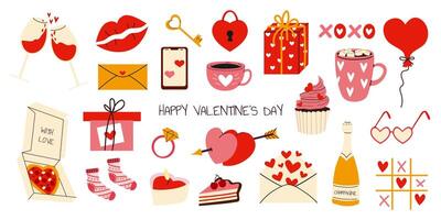 Cute set of romantic elements for Valentines day. Different romantic objects. Heart, champagne, glasses, pizza, cups, ring, envelope. Hand drawn style. illustrations for valentines day. vector