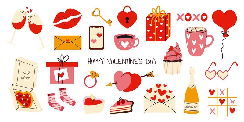 Cute set of romantic elements for Valentines day. Different romantic objects. Heart, champagne, glasses, pizza, cups, ring, envelope. Hand drawn style. illustrations for valentines day.