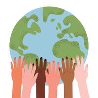 Different hands reaching for the Earth symbolize unity, diversity and global connection. Hand-drawn style. illustration on white isolated background. vector