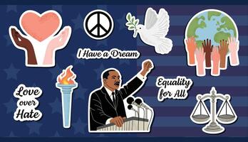 Martin Luther King Jr Day collection stickers elements. Globe, scales of justice, torch, peace sign, dove and different hands. Equality. Flat illustrations perfect for banners, posters. vector
