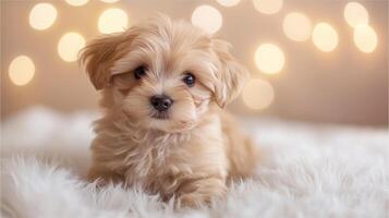 Small puppy in a cozy light-toned studio with space for text photo
