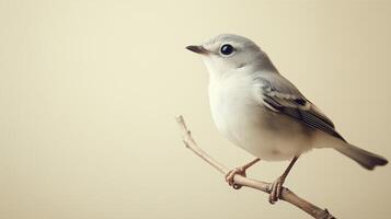 Delicate white bird perched in a light studio with space for text photo